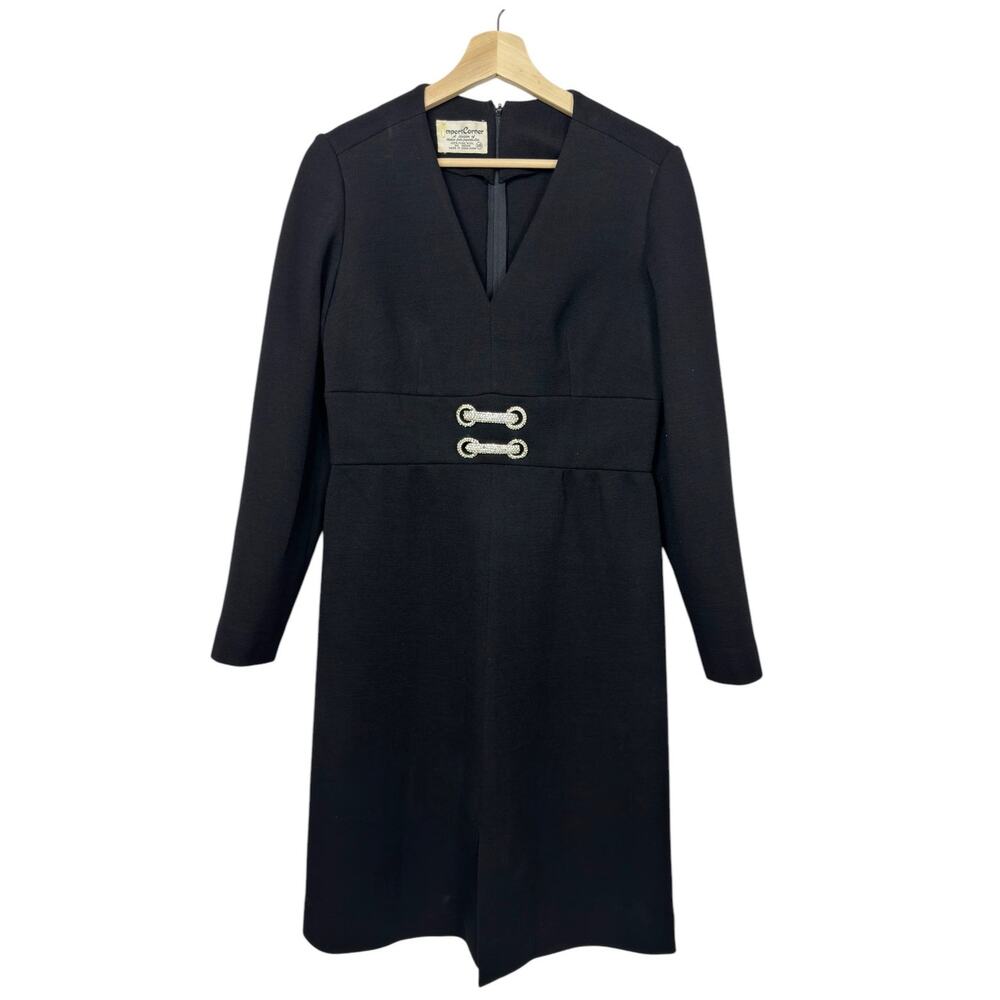 Vintage 1970s Black Wool Dress Import Corner with Rhinestone Accents‎ Size 10